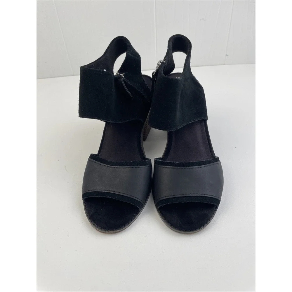 Toms Women's Sandals Size 9W Black Majorca‎ Block Ankle Leather Heels Leather